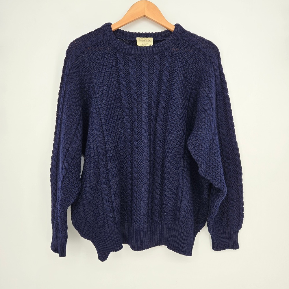 Vintage Carraig Donn Mens 42 L XL Navy Blue Irish Aran Cable Knit Wool Sweater